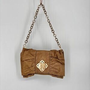 BCBGMAXAZRIA Brown Leather‎ Snakeskin Bow Clutch TwistLock Chain Bag Wristlet